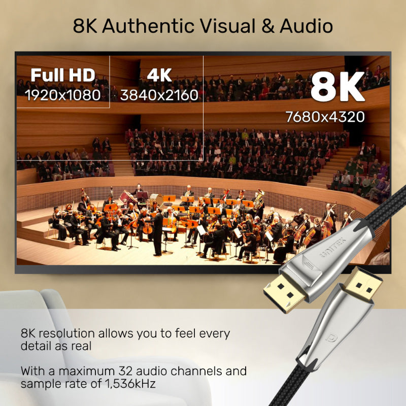 Unitek C1607BNI Display Port 1.4 Cable (8K 60Hz, 4K 144Hz, 1440p 240Hz) 1.5M