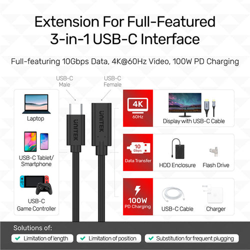 Unitek C14086BK USB 3.2 Gen2 Full-Featured USB-C Extension Cable (1M)