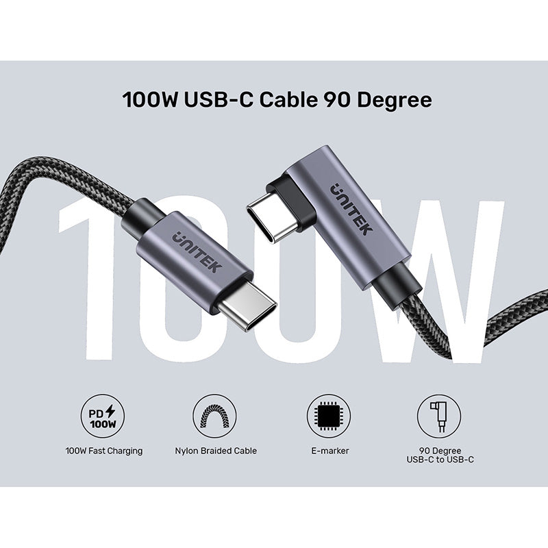 Unitek C14123BK 100W USB-C Cable 90-Degree (2M)