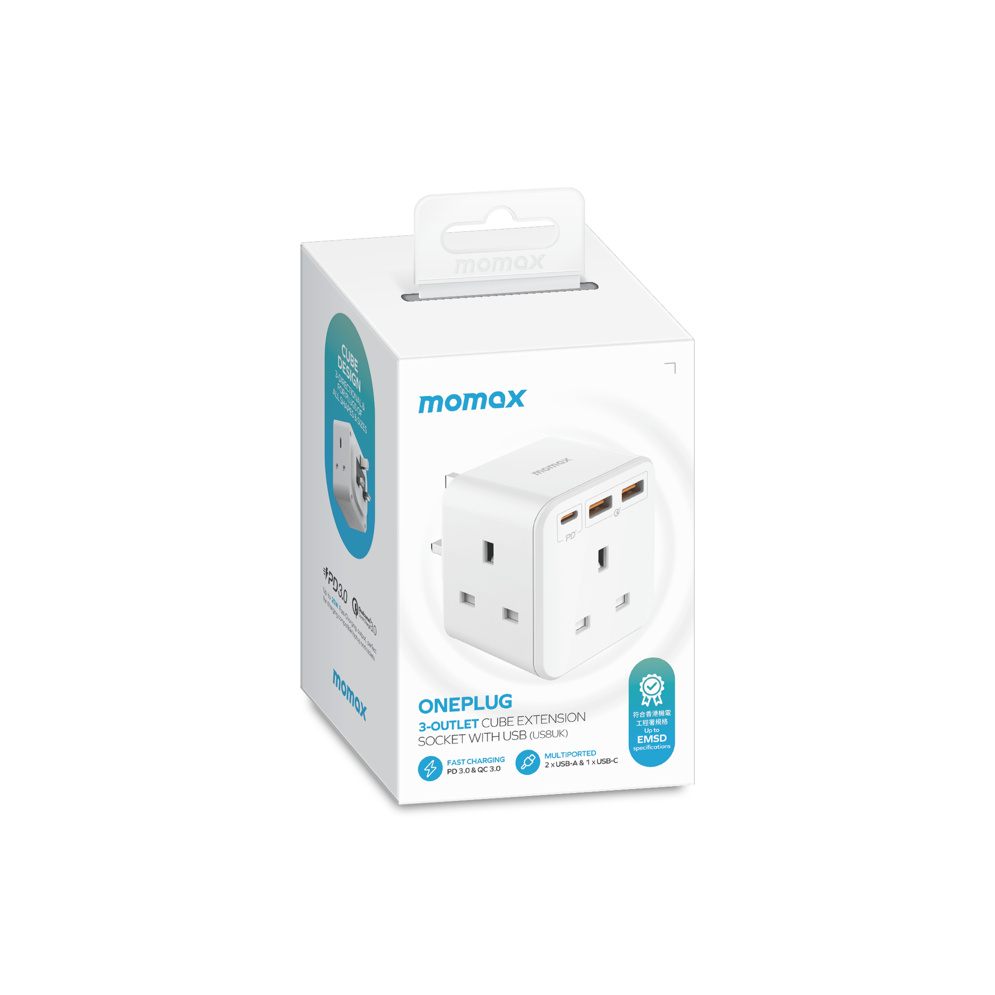 Momax US8UKW ONEPLUG 3-Outlet Cube Extension with USB (White)