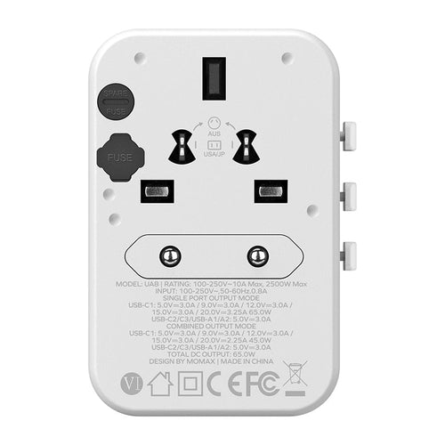 Momax UA8W 1-World 65W GaN AC Travel Adaptor (White)