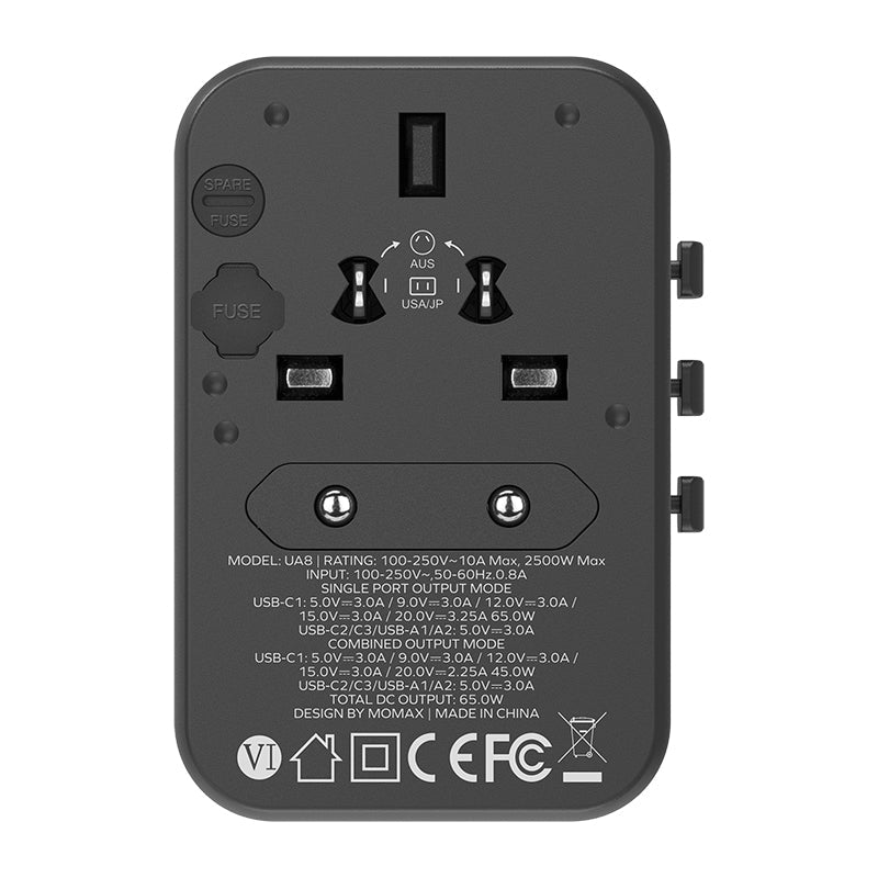 Momax UA8D 1-World 65W GaN AC Travel Adaptor (Black)
