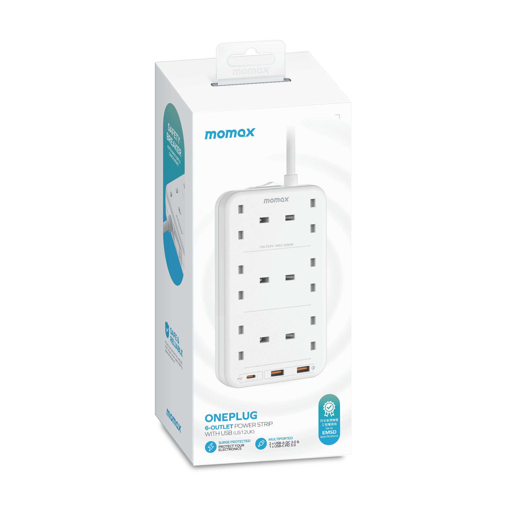 Momax US12UKW ONEPLUG 6-Outlet Power Strip with USB (White)