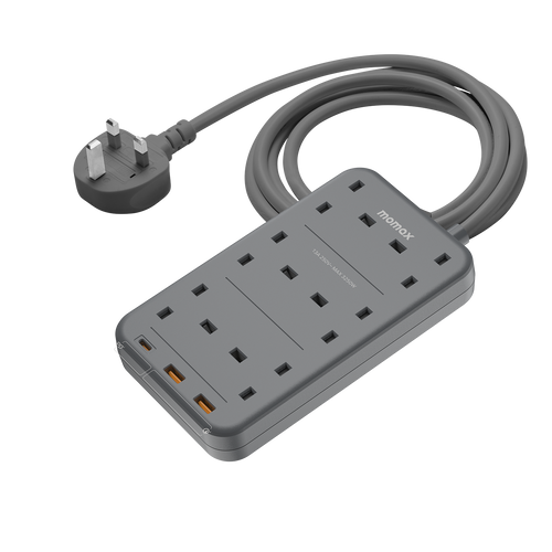 Momax US12UKE ONEPLUG 6-Outlet Power Strip with USB  ( Space Grey)