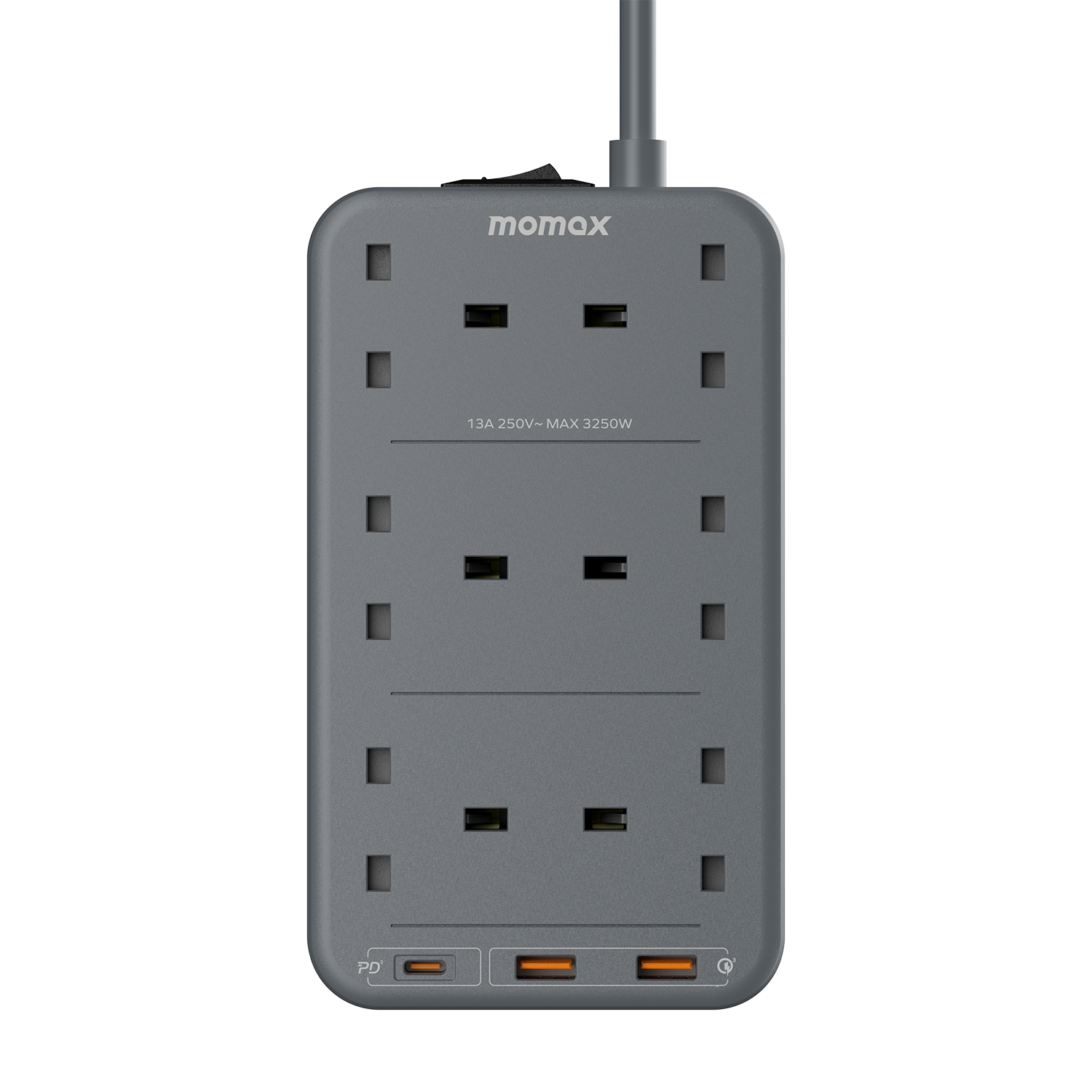 Momax US12UKE ONEPLUG 6-Outlet Power Strip with USB  ( Space Grey)