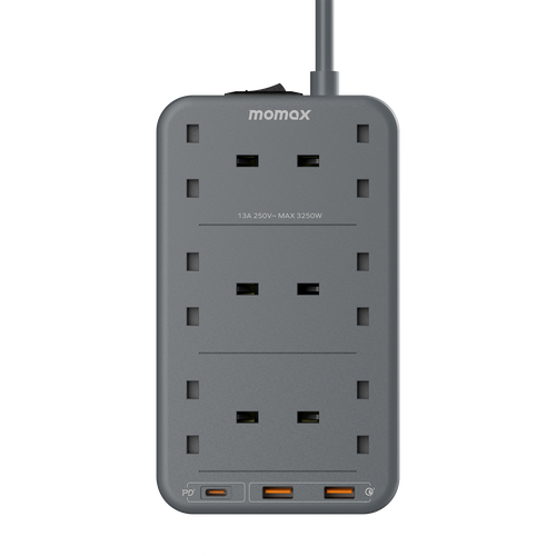Momax US12UKE ONEPLUG 6-Outlet Power Strip with USB  ( Space Grey)