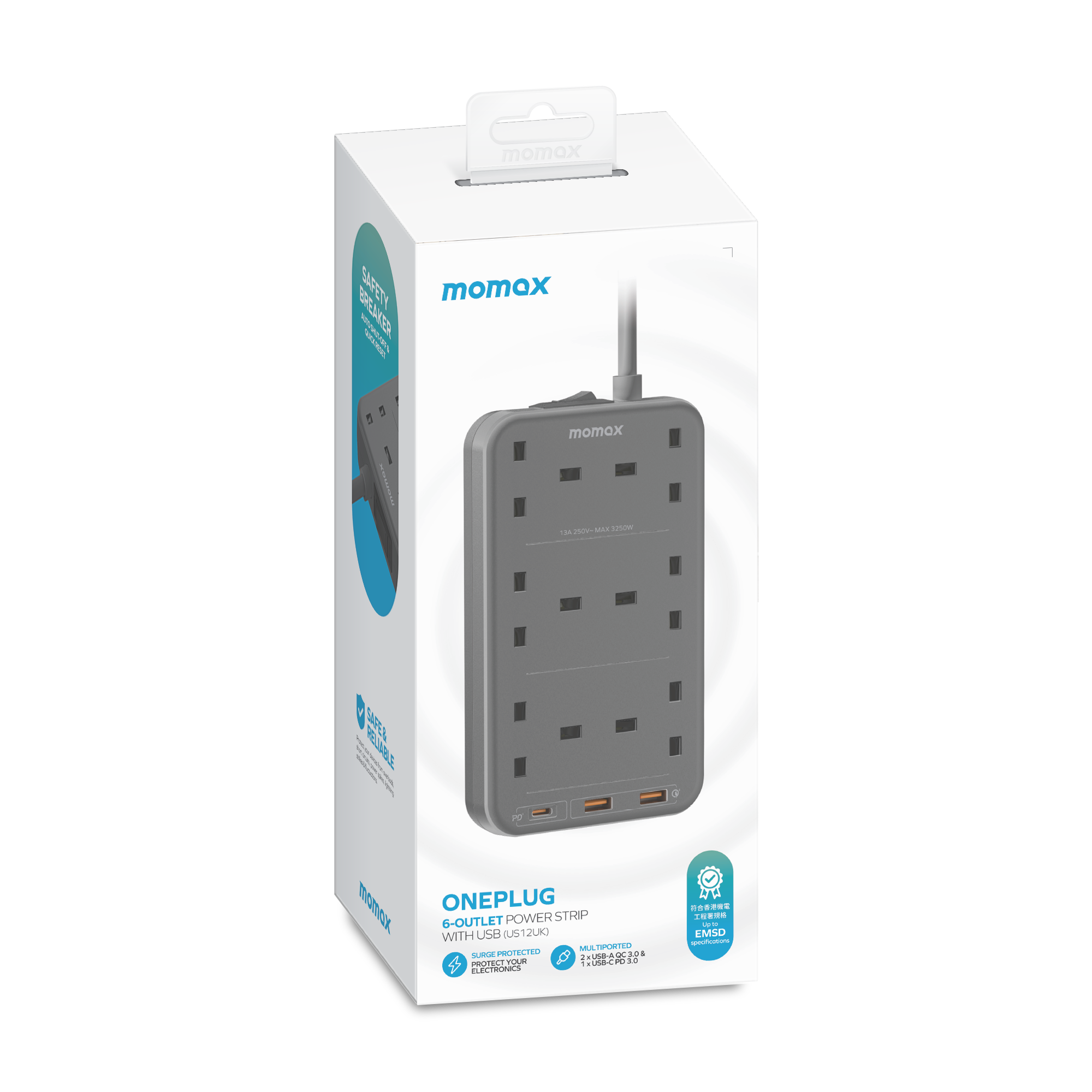 Momax US12UKE ONEPLUG 6-Outlet Power Strip with USB  ( Space Grey)