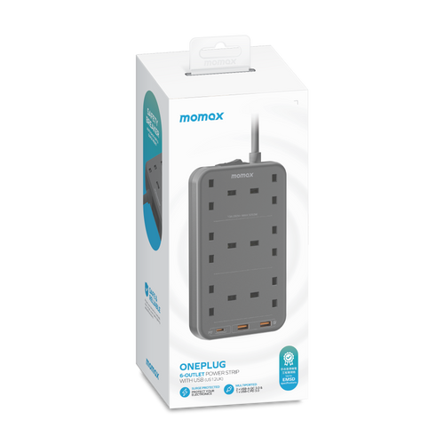Momax US12UKE ONEPLUG 6-Outlet Power Strip with USB  ( Space Grey)
