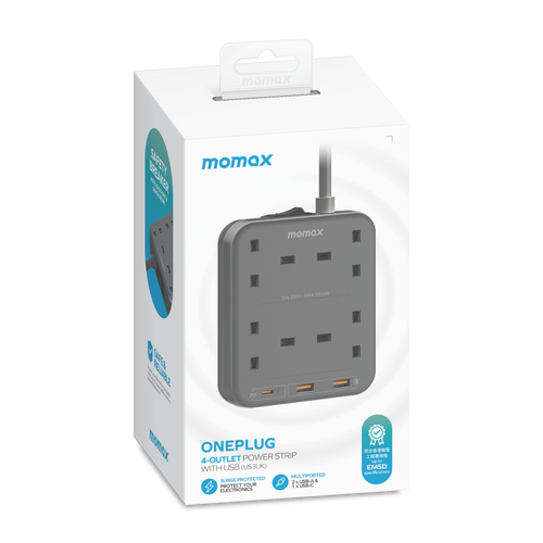 Momax US3UKE ONEPLUG 4-Outlet Power Strip with USB (Space Grey)