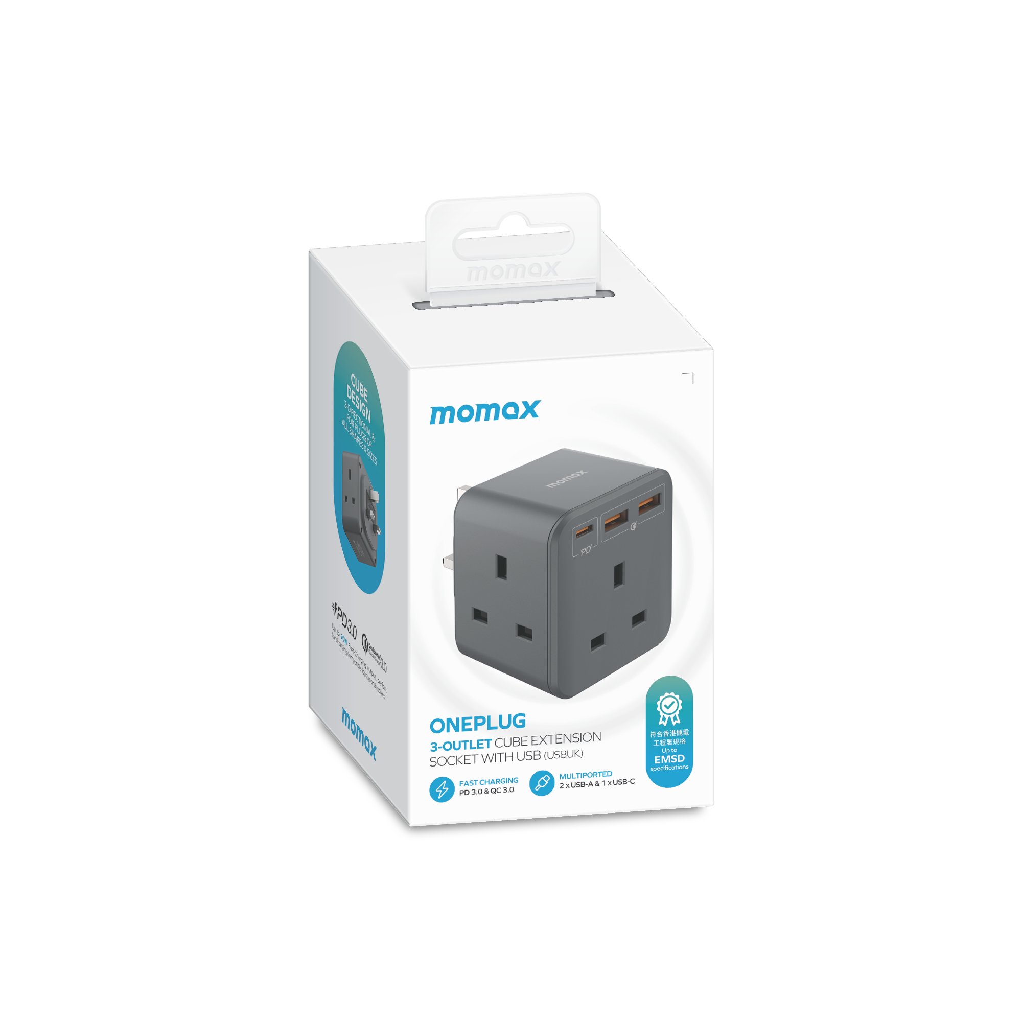 Momax US8UKE ONEPLUG 3-Outlet Cube Extension with USB (Space Grey)
