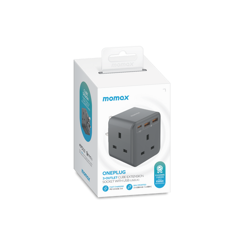 Momax US8UKE ONEPLUG 3-Outlet Cube Extension with USB (Space Grey)