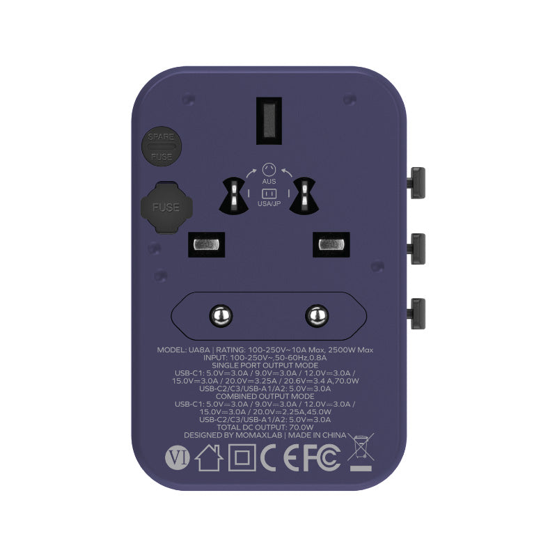 Momax UA8AU 1-World 70W GaN 5 Ports + AC Travel Adaptor - Purple