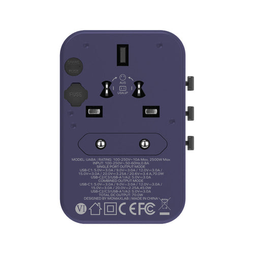 Momax UA8AU 1-World 70W GaN 5 Ports + AC Travel Adaptor - Purple