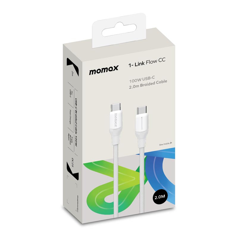 Momax DC25W 1-Link Flow CC 100W USB-C to USB-C Braided Cable (2M) White