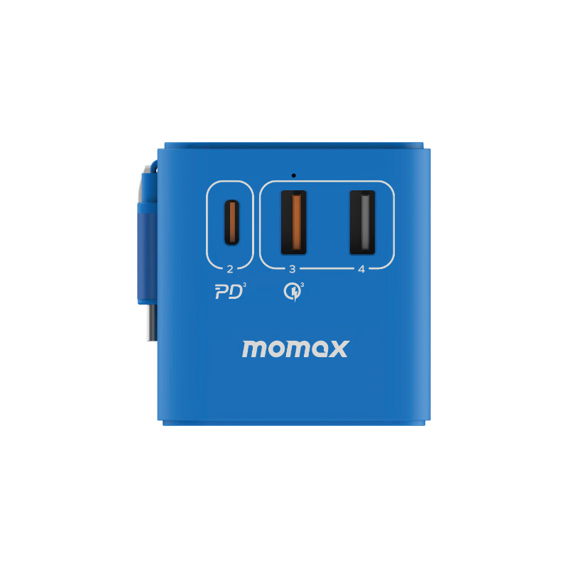Momax UA18B 1-World 70W GaN 3-Port + AC Travel Adapter With Built-in USB-C Cable (Blue)