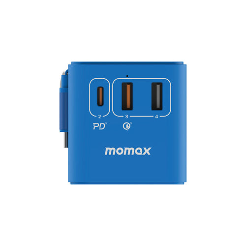 Momax UA18B 1-World 70W GaN 3-Port + AC Travel Adapter With Built-in USB-C Cable (Blue)