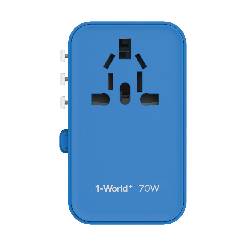 Momax UA18B 1-World 70W GaN 3-Port + AC Travel Adapter With Built-in USB-C Cable (Blue)