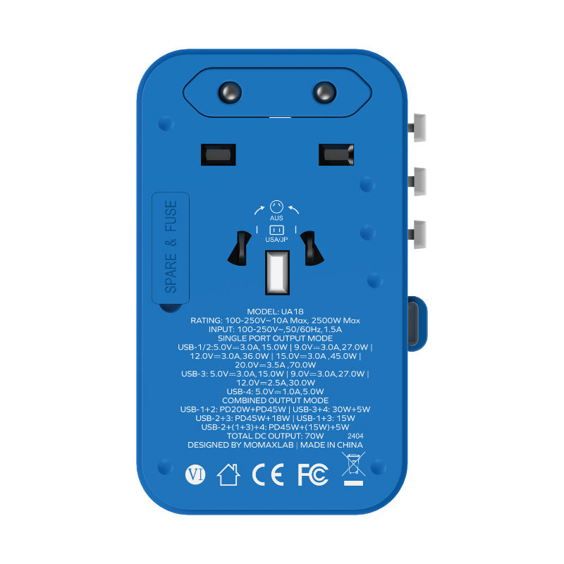Momax UA18B 1-World 70W GaN 3-Port + AC Travel Adapter With Built-in USB-C Cable (Blue)