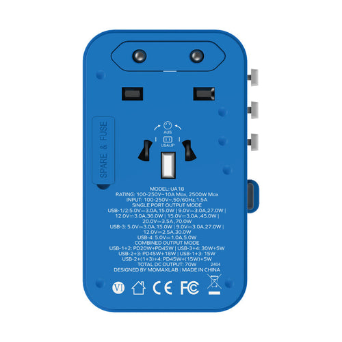 Momax UA18B 1-World 70W GaN 3-Port + AC Travel Adapter With Built-in USB-C Cable (Blue)
