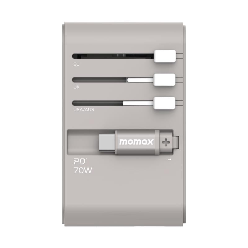 Momax UA18E 1-World 70W GaN 3-Port + AC Travel Adapter With Built-in USB-C Cable (Grey)