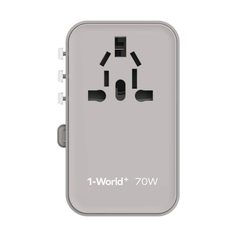 Momax UA18E 1-World 70W GaN 3-Port + AC Travel Adapter With Built-in USB-C Cable (Grey)