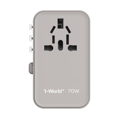 Momax UA18E 1-World 70W GaN 3-Port + AC Travel Adapter With Built-in USB-C Cable (Grey)