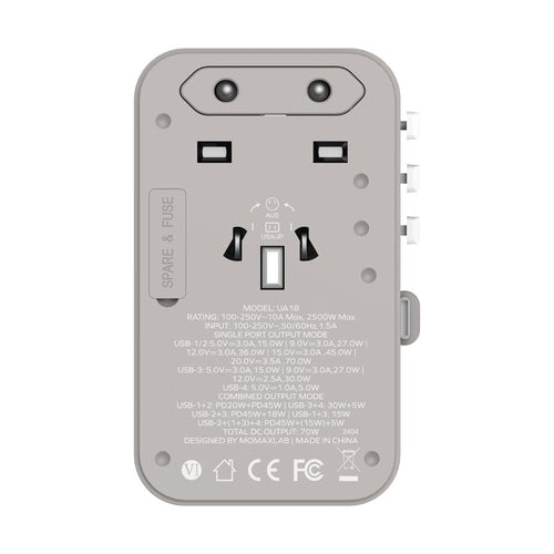 Momax UA18E 1-World 70W GaN 3-Port + AC Travel Adapter With Built-in USB-C Cable (Grey)