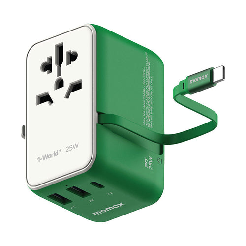 Momax UA20G 1-World+ 25W 3-Port AC Travel Adapter with Built-in USB-C Cable - Green