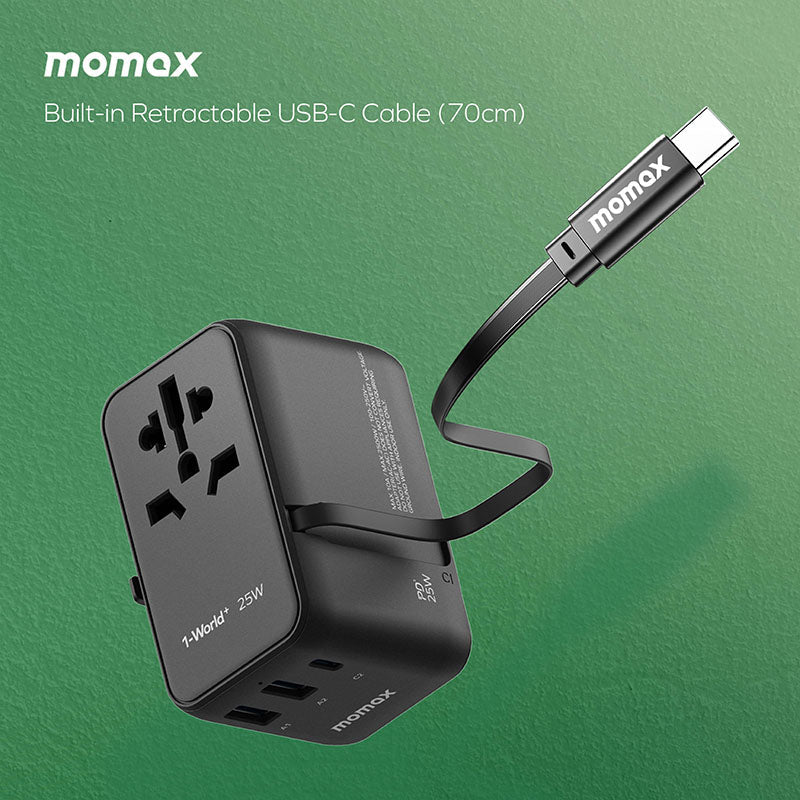 Momax UA20G 1-World+ 25W 3-Port AC Travel Adapter with Built-in USB-C Cable - Green