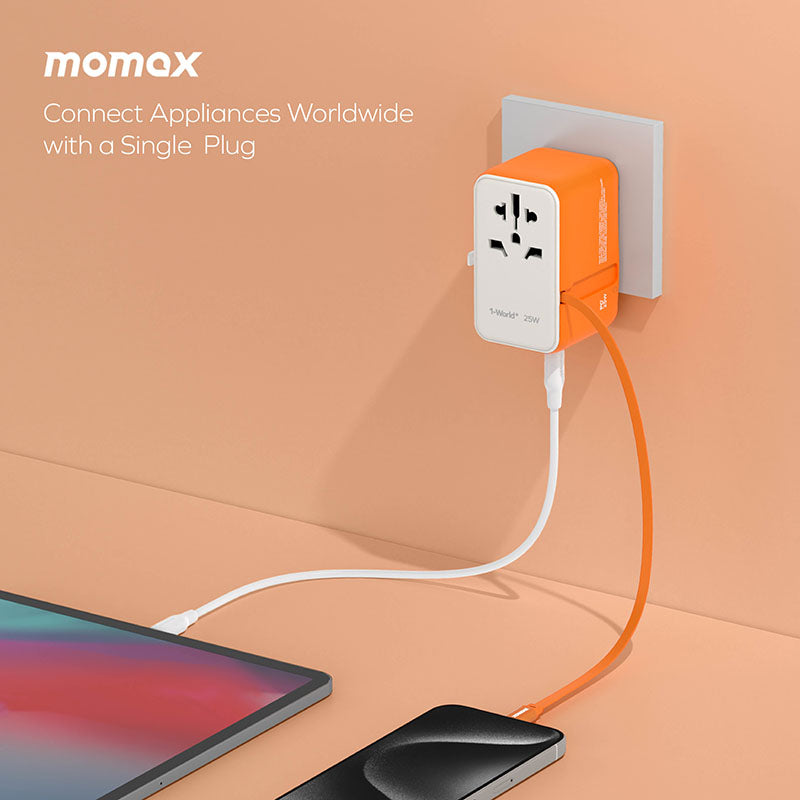 Momax UA20M 1-World+ 25W 3-Port AC Travel Adapter with Built-in USB-C Cable - Orange
