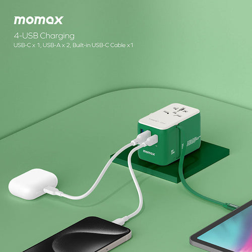 Momax UA20M 1-World+ 25W 3-Port AC Travel Adapter with Built-in USB-C Cable - Orange