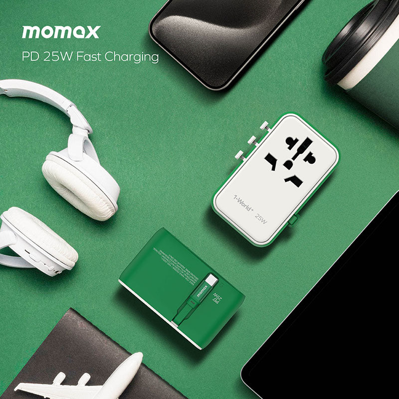 Momax UA20M 1-World+ 25W 3-Port AC Travel Adapter with Built-in USB-C Cable - Orange