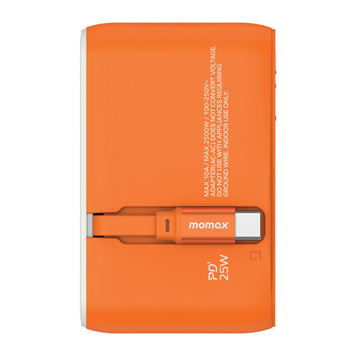 Momax UA20M 1-World+ 25W 3-Port AC Travel Adapter with Built-in USB-C Cable - Orange
