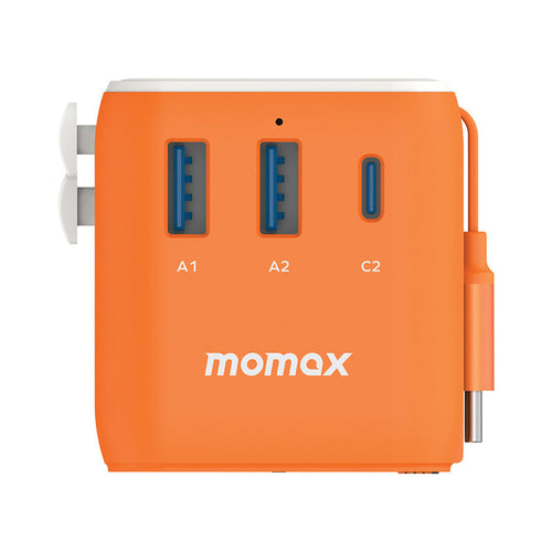 Momax UA20M 1-World+ 25W 3-Port AC Travel Adapter with Built-in USB-C Cable - Orange