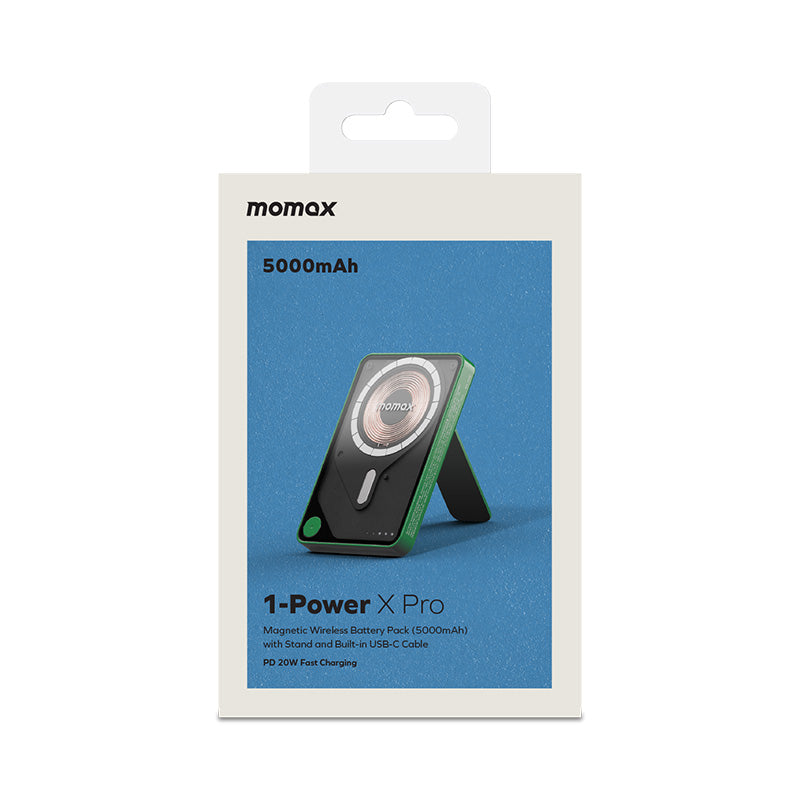 Momax IP131HKG 1-Power X Pro 20W 5,000mAh Magnetic Wireless Battery Pack with Built-In USB-C Cable (Green)