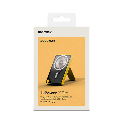 Momax IP131HKY 1-Power X Pro 20W 5,000mAh Magnetic Wireless Battery Pack with Built-In USB-C Cable (Yellow)
