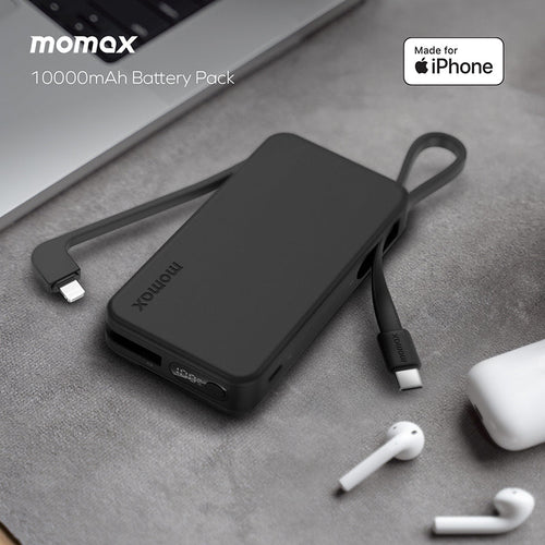 Momax IP138MFIW 1-Power Vital+ 10000mAh Battery Pack with Dual Built-in USB-C & Lightning Cable (White)