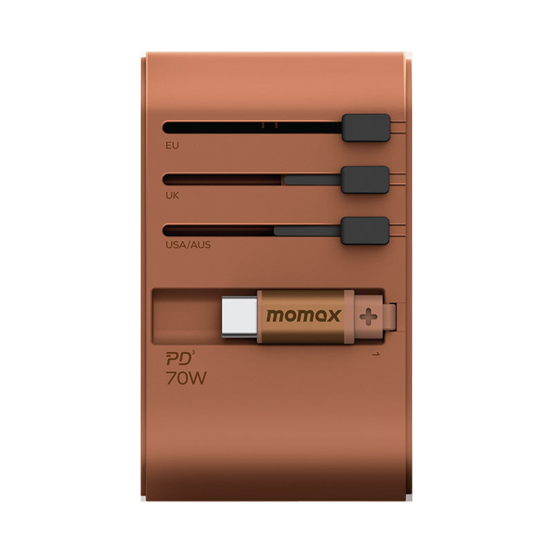Momax UA18L2 1-World+ 70W GaN 3-Port + AC Travel Adapter with Built-in USB-C Cable (Sandstone)