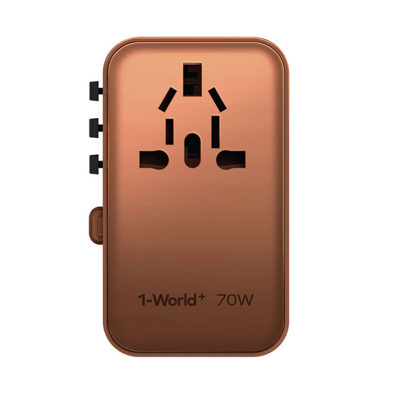 Momax UA18L2 1-World+ 70W GaN 3-Port + AC Travel Adapter with Built-in USB-C Cable (Sandstone)
