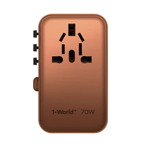 Momax UA18L2 1-World+ 70W GaN 3-Port + AC Travel Adapter with Built-in USB-C Cable (Sandstone)