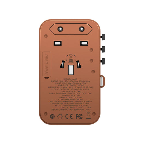 Momax UA18L2 1-World+ 70W GaN 3-Port + AC Travel Adapter with Built-in USB-C Cable (Sandstone)