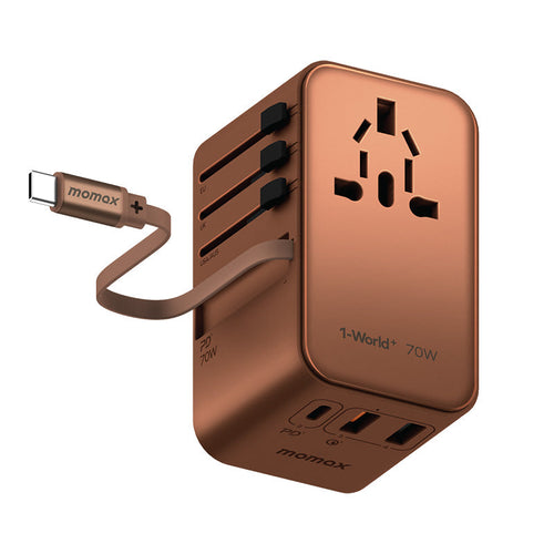 Momax UA18L2 1-World+ 70W GaN 3-Port + AC Travel Adapter with Built-in USB-C Cable (Sandstone)