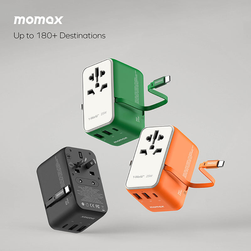 Momax UA20L2 1-World+ 25W 3-Port AC Travel Adapter with Built-in USB-C Cable - Sandstone
