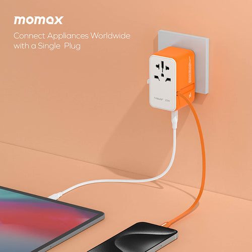 Momax UA20L2 1-World+ 25W 3-Port AC Travel Adapter with Built-in USB-C Cable - Sandstone