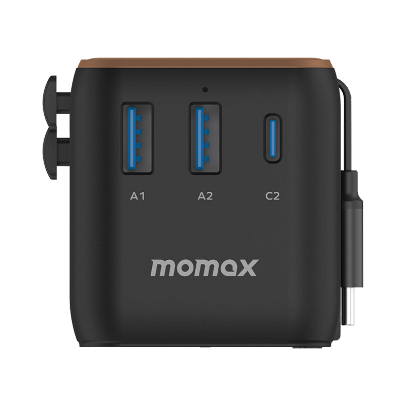Momax UA20L2 1-World+ 25W 3-Port AC Travel Adapter with Built-in USB-C Cable - Sandstone