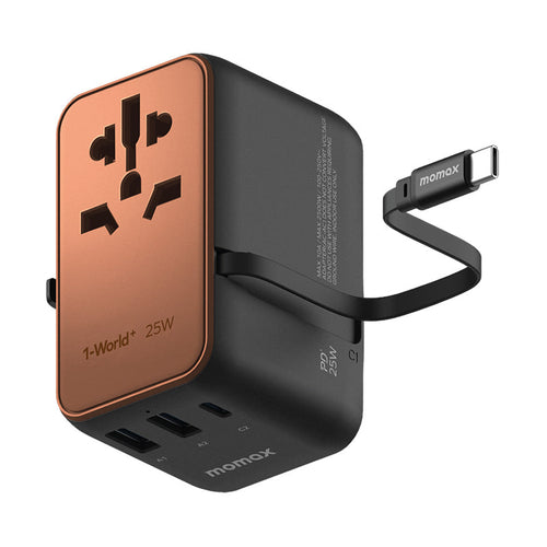 Momax UA20L2 1-World+ 25W 3-Port AC Travel Adapter with Built-in USB-C Cable - Sandstone