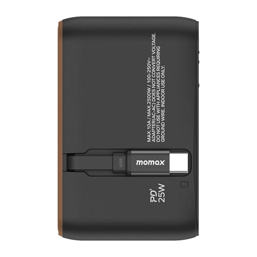 Momax UA20L2 1-World+ 25W 3-Port AC Travel Adapter with Built-in USB-C Cable - Sandstone