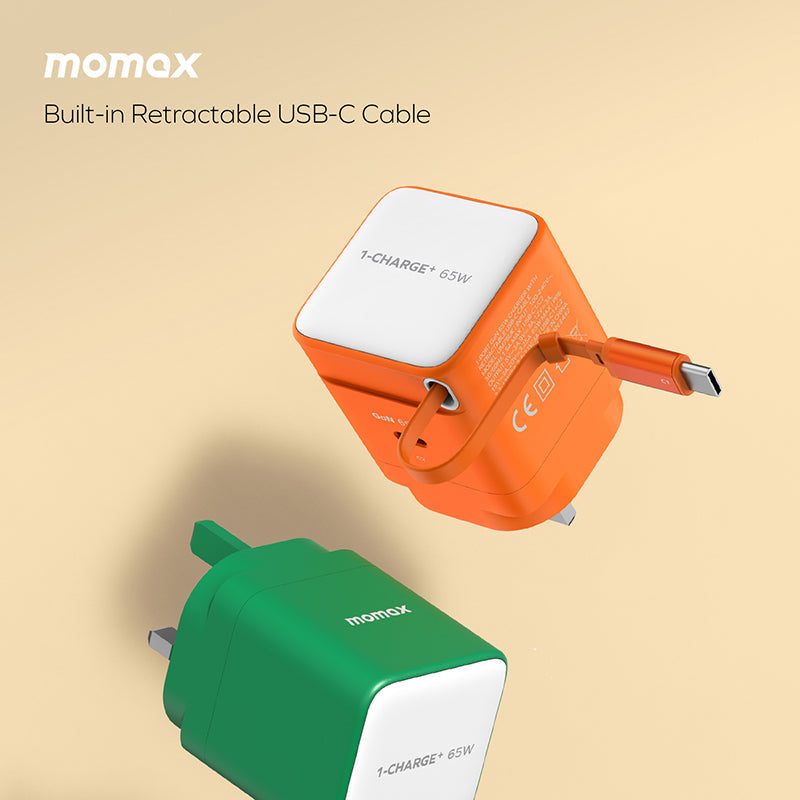 Momax UM76UKM 1-Charge+ 65W 1-Port GaN Charger with Retractable USB-C Cable - Orange