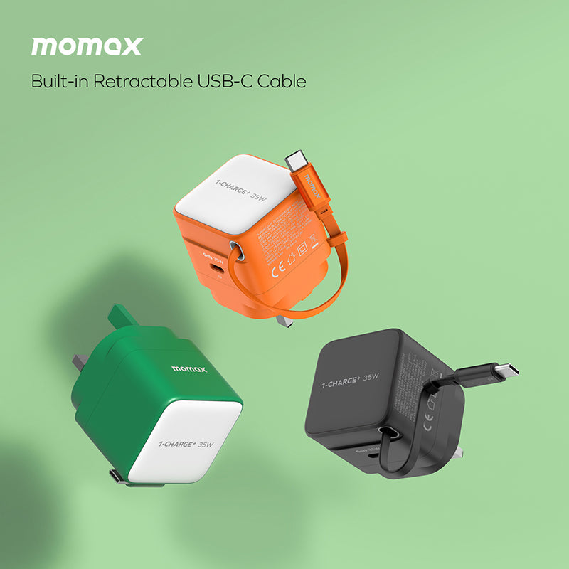 Momax UM72UKG 1-Charge+ 35W 1-Port GaN Charger with Retractable USB-C Cable - Green