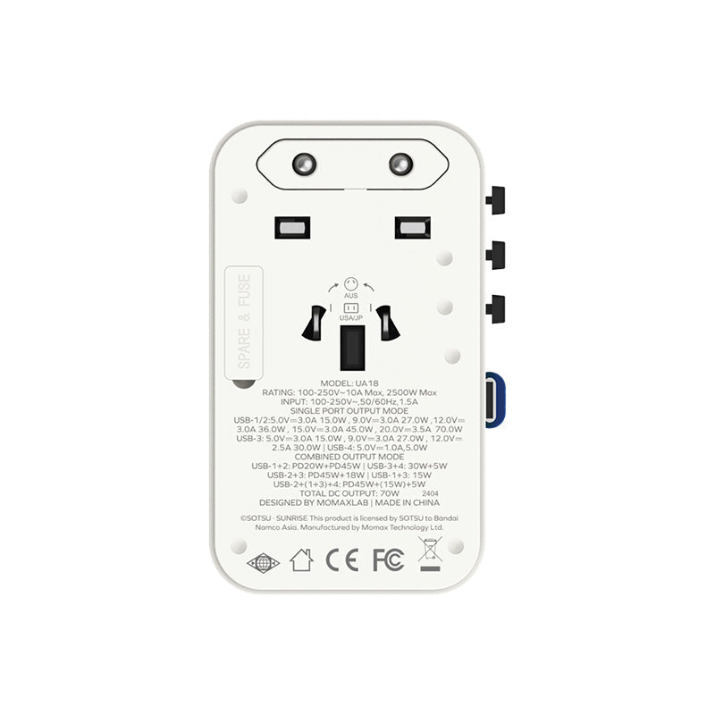 Momax UA18GDW I-World+ 70W GaN 3-Port + AC Travel Adapter with Built-in USB-C Cable - RX-78-2 Gundam